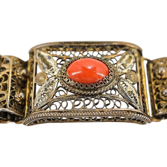 Vintage 1930s Firenze Italy Gilded 800 Silver Filigree Bracelet W Red Coral - Picture 6 of 12